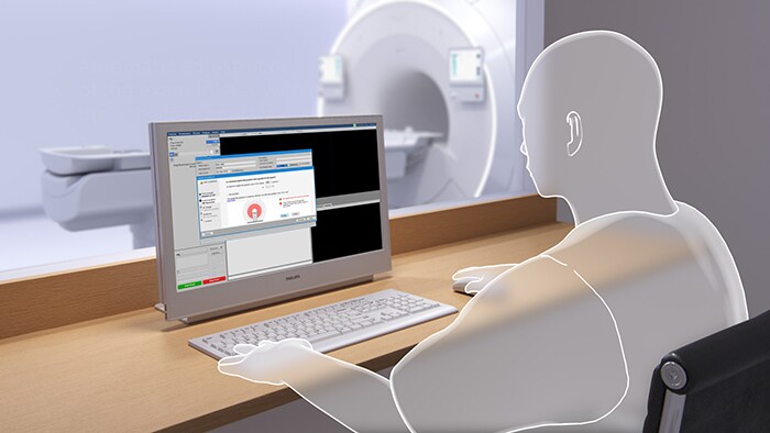 Foto eines Arztes, der am Monitor Aufnahmen befundet, zur Veranschaulichung der schnellen Planung, Aufnahme und Verarbeitung von MRT-Bildern