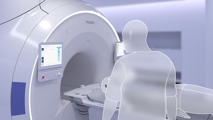 Foto eines Touch-Bildschirms eines MRT-Systems bei der Vorbereitung einer geführten Untersuchung