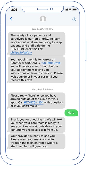 Bildschirm von Philips Patient Manager auf einem Mobiltelefon, auf dem Schritte zur Anleitung eines Patienten zu sehen sind, angefangen mit der Vorbereitung auf den Termin