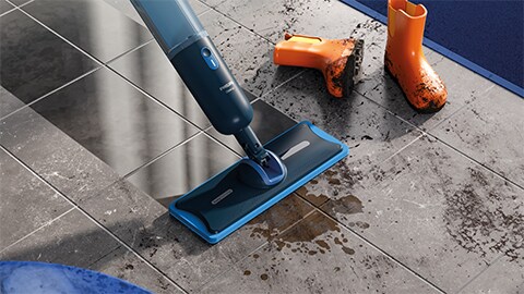 Der Philips OneUp elektrische Wischmopp wischt den Boden 2 x schneller