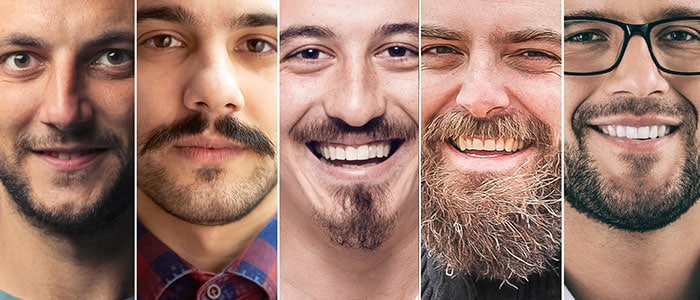 Sieben aneinandergereihte Fotos von Männern, die verschiedene Barttrends tragen.