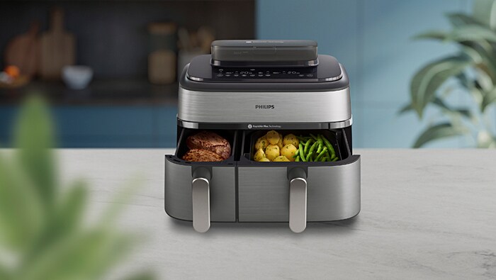 Dampf trifft Crunch – Der neue Philips Steam Airfryer 5000 Series Dual Basket kann nun auch Dampfgaren